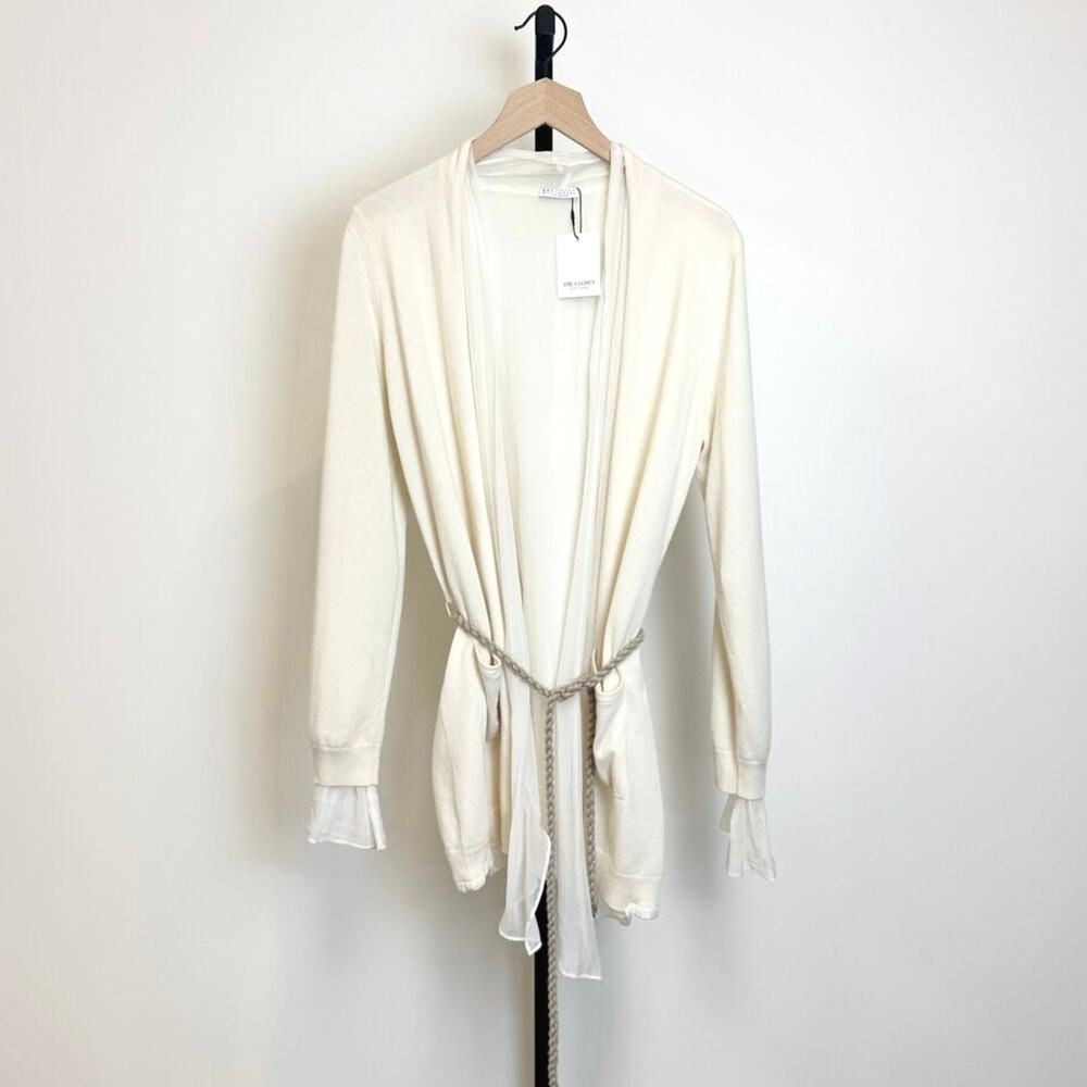 BRUNELLO CUCINELLI Cucinelli Cashmere Belted Duster XXL Ivory Silk Rope Cardigan